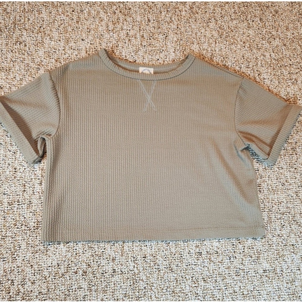 Blue Rain Waffle Knit Cropped Top Women's XS Tan Short‎ Sleeve Comfort Classic